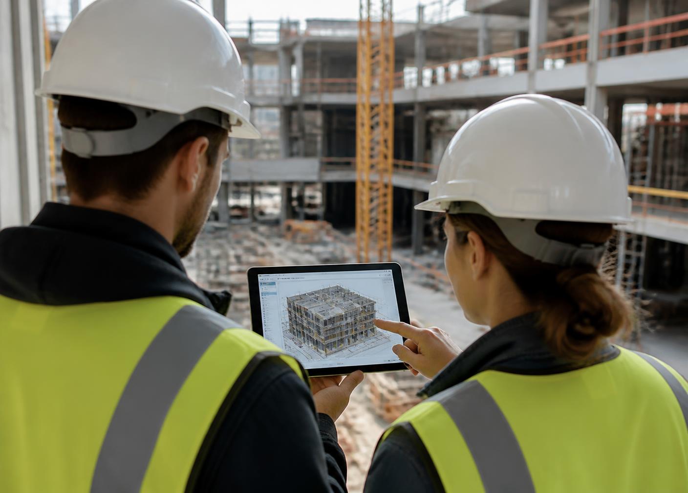 Two engineers reviewing a three-dimensional building model on a tablet at a construction site